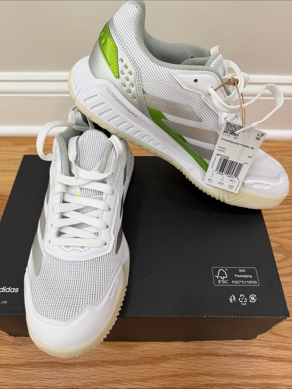 Adidas White & Lime Green Cloudfoam Courtquick padel/pickleball sneaker